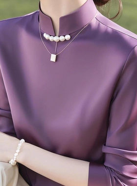 春季独特别致上衣新中式唐装设计感小众中国风紫色盘扣缎面衬衫女