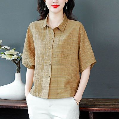 大码衬衫女短袖夏季新款妈妈时尚洋气亚麻小衫遮肚子显瘦条纹上衣