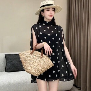法式黑色波点雪纺衬衫女士夏季防晒罩衫气质宽松显瘦无袖背心上衣