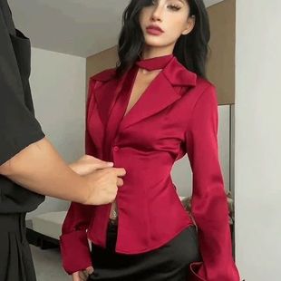 纯欲性感修身 法式 女早秋新款 领收腰衬衫 小众别致衬衣 气质红色西装