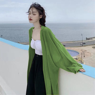 牛油果绿雪纺防晒衣女夏薄款中长款开衫外套冰丝外搭海边防晒罩衫