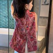 国风缎面提花盘扣无袖 衬衫 女2025夏季 新中式 后摆开叉上衣改良唐装