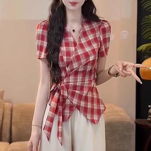 新款 法式 女2025夏季 港风复古V领格子系带短袖 收腰显瘦上衣潮 衬衫