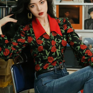 港风复古气质玫瑰印花长袖衬衫女法式高腰系带修身衬衣短款上衣女