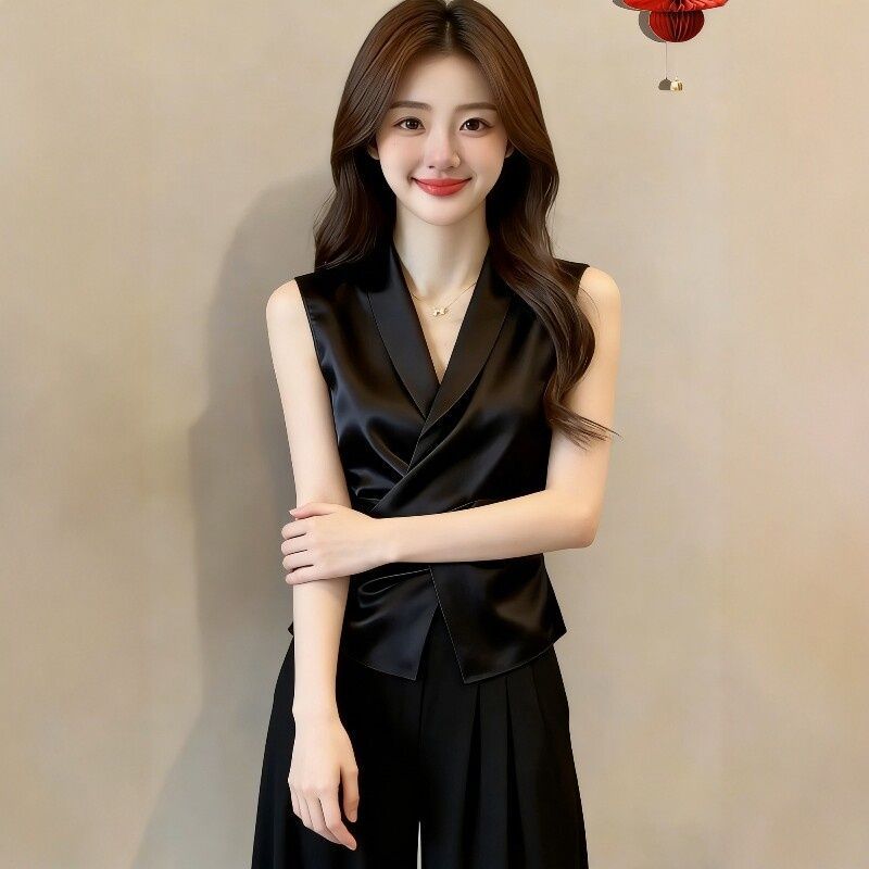 大码女装气质轻熟收腰无袖衬衫2026夏新款设计感交叉绑带背心上衣图片