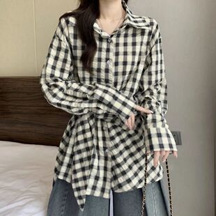 气质复古港风高腰显瘦翻领外穿上衣 新款 绑带收腰格子衬衫 女春秋季
