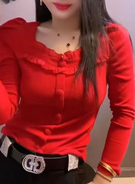 红色小衫上档次方领打底衫女春秋洋气长袖T恤修身套头气质上衣潮