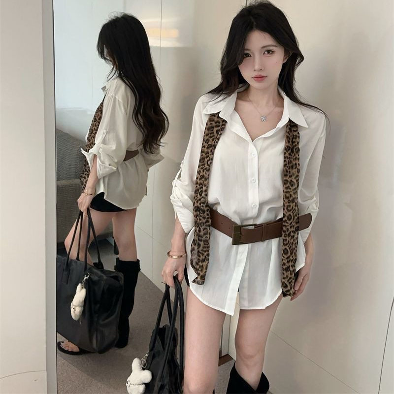 不规则豹纹领带衬衫女秋季中长款配腰带上衣设计感小众高级感衬衣图片