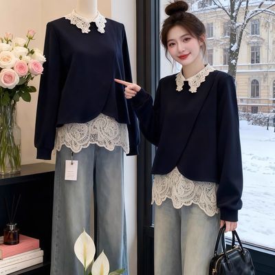 蕾丝拼接娃娃领撞色A字卫衣女冬季加绒加厚高级感上衣2025秋冬款
