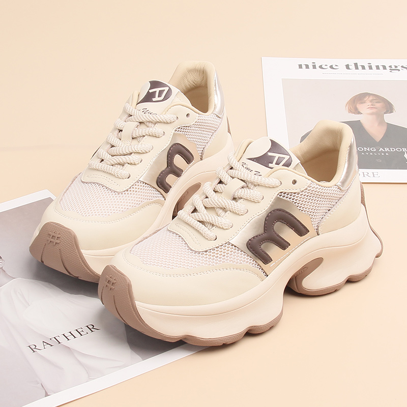 休闲老爹鞋女欧美牛皮网松糕底