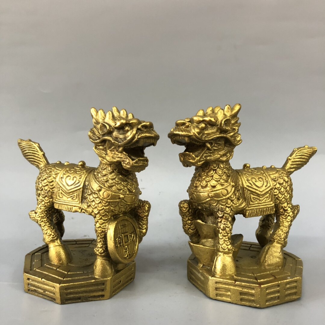 包邮黄铜复古怀旧动物八卦风水纯铜麒麟像摆件一对摆财富瑞祥镇宅