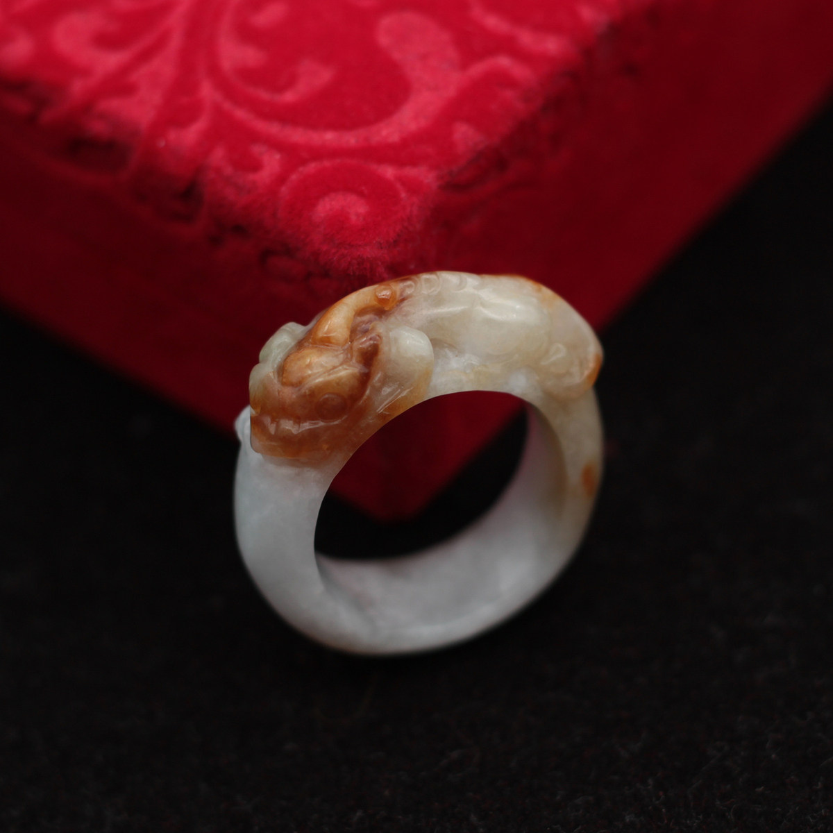 20mm 缅甸天然翡翠a货玉器 糯种白玉红黄翡螭龙草龙戒指指环 包邮