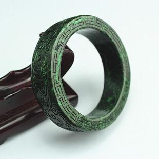 59mm 缅甸天然翡翠A货玉器 复古干青铁龙生如意浮雕手镯 顺丰包邮