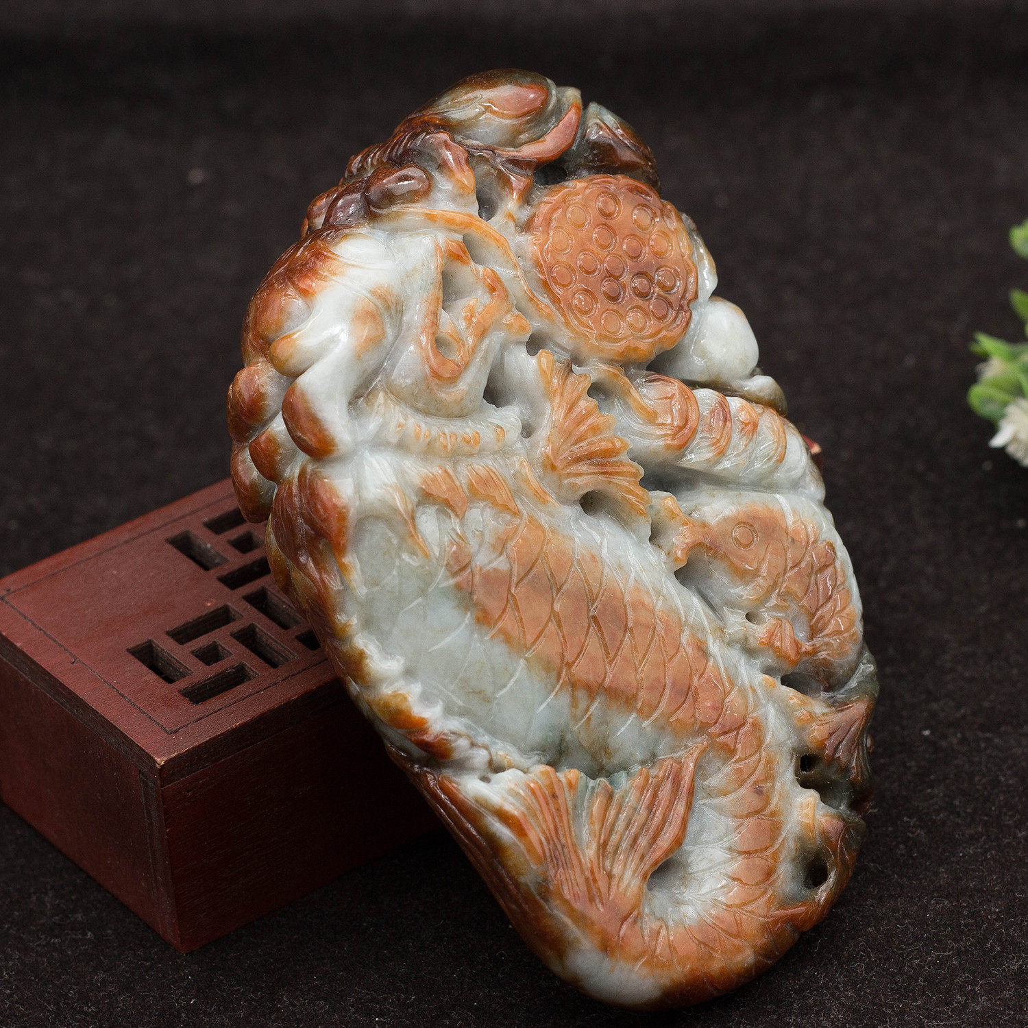 工厂直销 缅甸天然翡翠A货玉器 糯种红翡鸱吻龙头鱼手把件 包邮