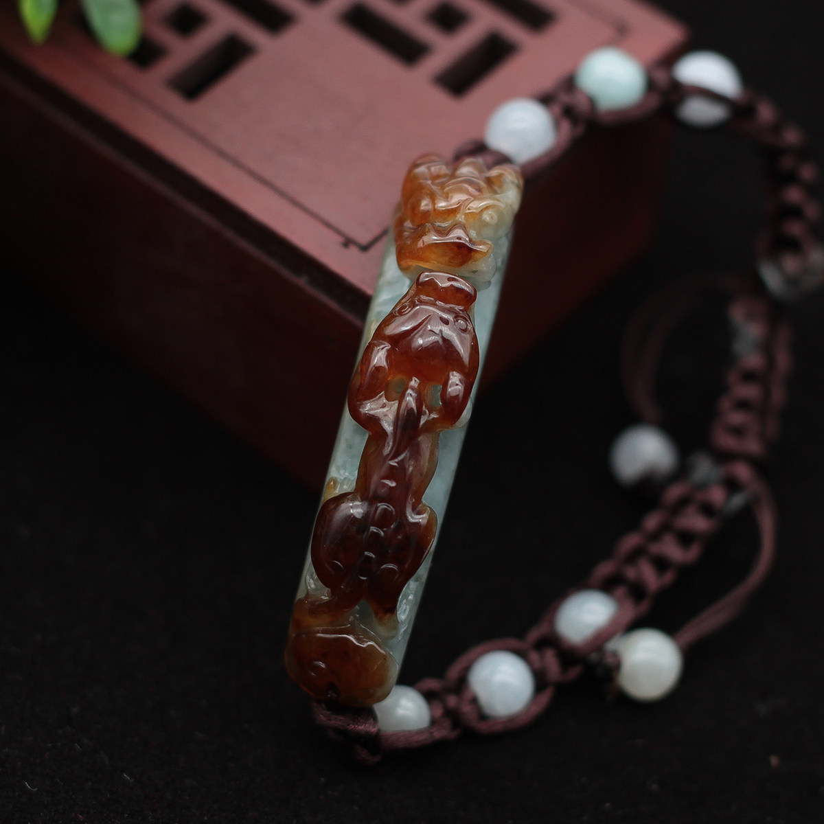 特价 缅甸天然翡翠a货玉器 糯种红翡螭龙龙勾草龙手牌手链 包邮