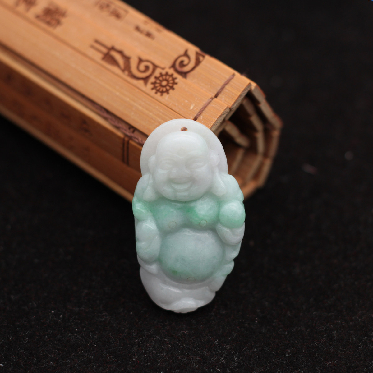 缅甸天然翡翠A货玉器 糯种飘绿大笑佛站佛 玉佛佛公吊坠玉佩 包邮