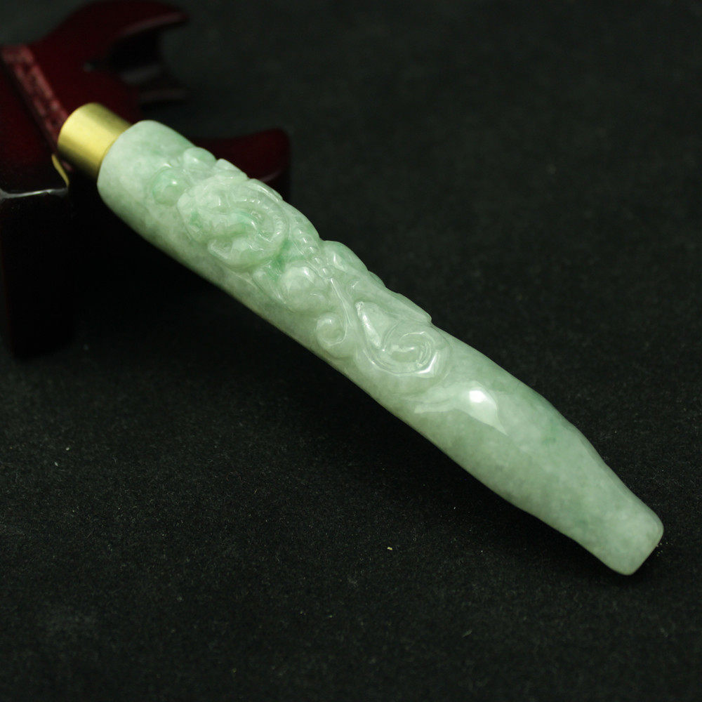 特价 缅甸天然翡翠A货玉器 糯种飘黄飘绿草龙螭龙烟嘴带滤嘴 包邮