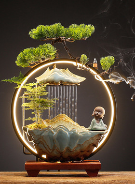 中式禅意陶瓷流水香薰炉摆件