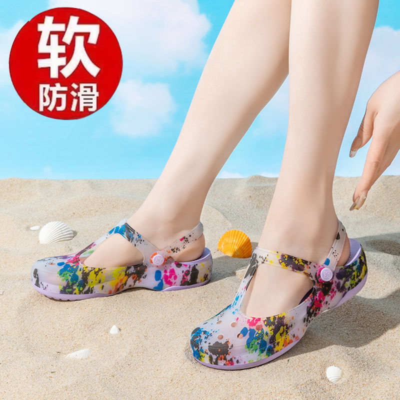 洞洞鞋女外穿印花沙滩夏季外穿透气厚底防滑软底轻便凉拖鞋0714h