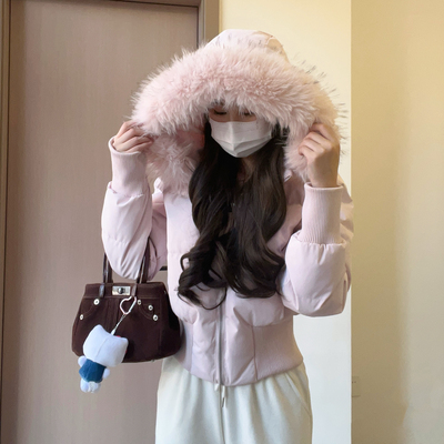 浅粉色短款连帽辣妹小海鸥大毛领