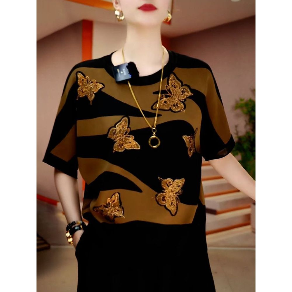 时尚减龄烫钻蝴蝶圆领针织衫2025夏季新款端庄优雅妈妈装短袖毛衣