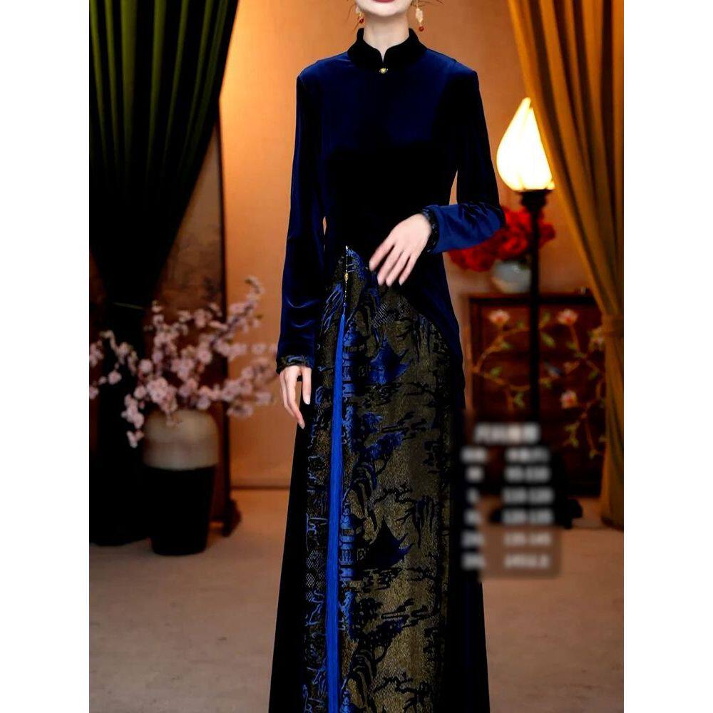 新中式国风气质改良版旗袍长裙2025冬季新款贵夫人显瘦丝绒连衣裙