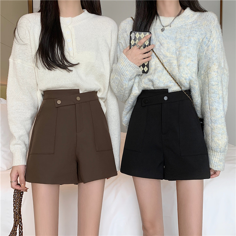 大码胖mm毛呢短裤女秋冬不规则高腰a字5分阔腿裤百搭显瘦靴裤外穿