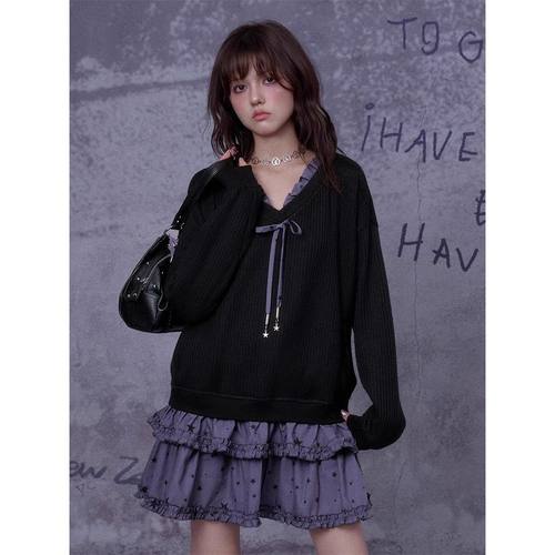 黑化次元 秋冬新款日系哥特风万圣节小魔女黑紫针织拼接连衣裙子