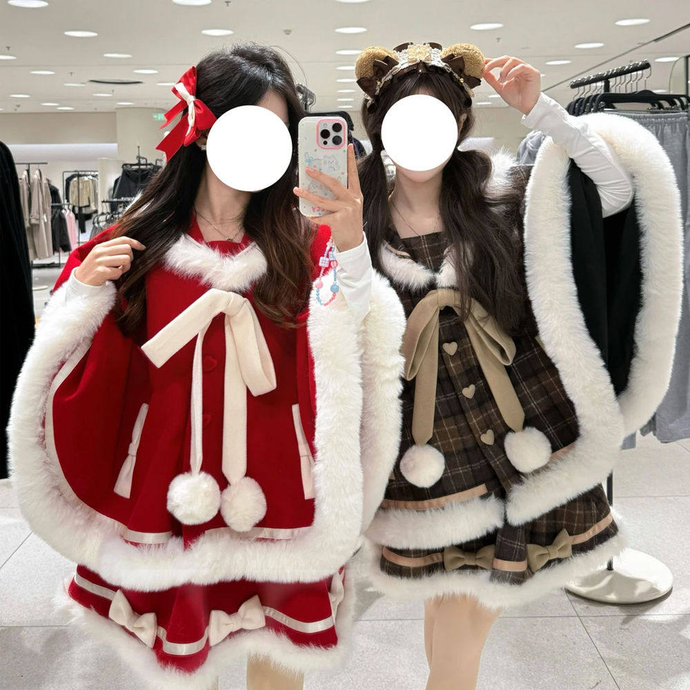 绒绒雪 秋冬可爱甜美毛边连帽斗篷少女纯欲蓬蓬短裙洋装圣诞套装,女装/女士精品,时尚套装,淘宝优惠券,粉丝福利购,淘宝优惠卷