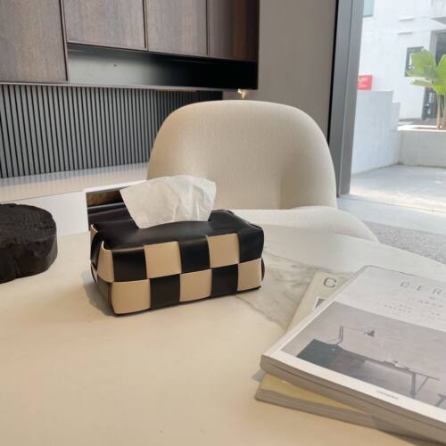 黑白棋盘格纸巾bv编织皮革纸抽盒