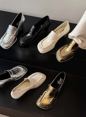 lazy。轻奢风 · 黑色一脚蹬粗跟高跟乐福鞋白色小皮鞋中跟单鞋女