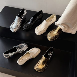 轻奢风 中跟单鞋 白色小皮鞋 女 黑色一脚蹬粗跟高跟乐福鞋 lazy