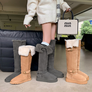 vibes 厚底增高加绒过膝长筒雪地靴冬灰色保暖棉靴女 暖系穿搭·