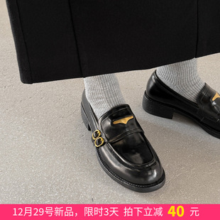 静奢 26平底单鞋 通勤小皮鞋 女 黑色软底英伦一脚蹬乐福鞋 lazy