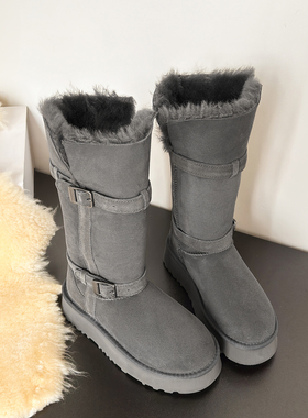 穿搭Tips。羊皮毛一体 · 灰色厚底增高长筒雪地靴加绒保暖棉靴女