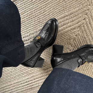 26春高跟单鞋 Vintage 通勤小皮鞋 羊皮黑色粗跟乐福鞋 女 高智风·