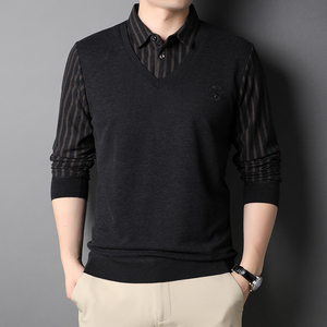 D77250钱塘2020-2秋冬男装衬衣领长袖假两件上衣t恤男士图片