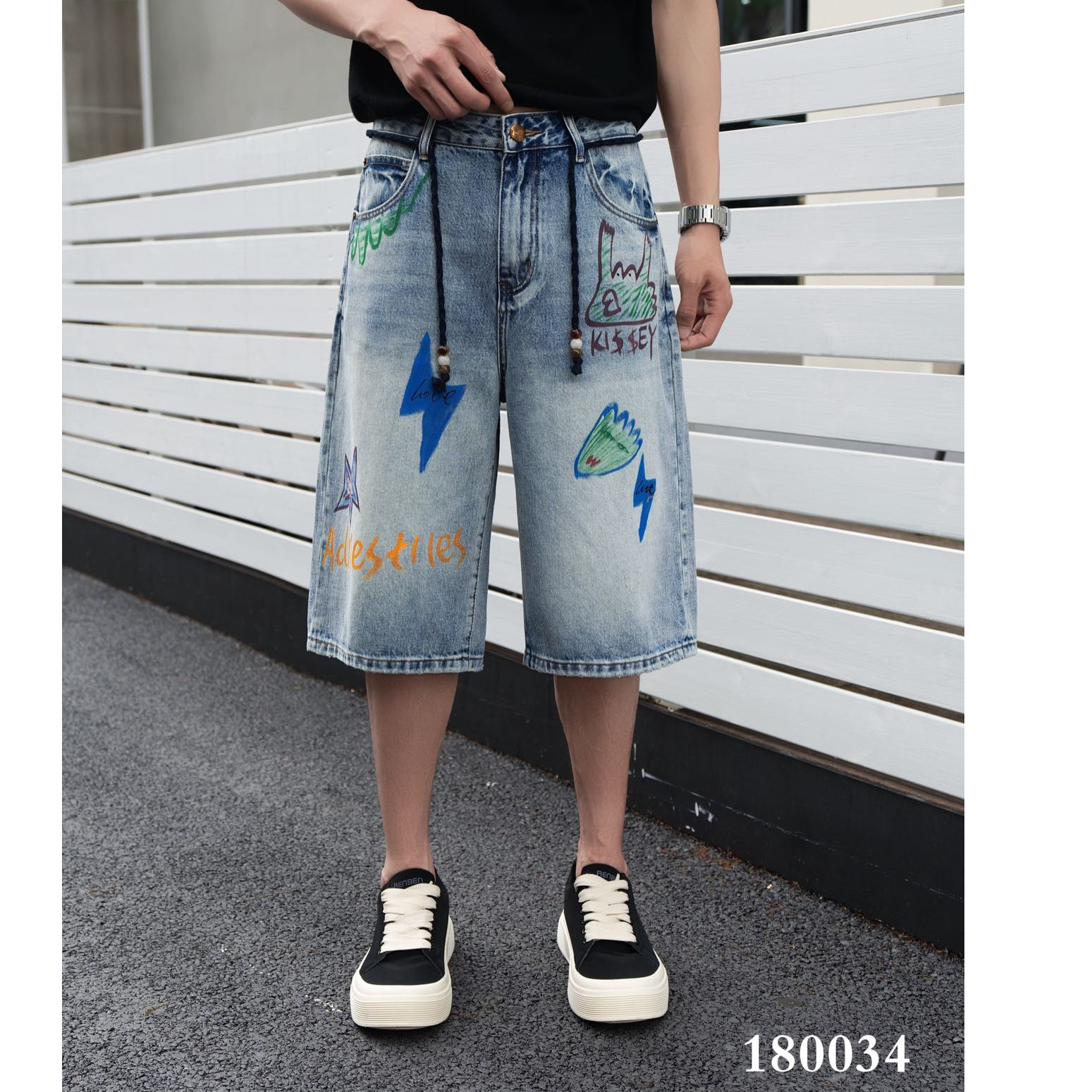【原牛臻品】美式涂鸦印花牛仔七分裤 宽松阔腿街头潮牌中裤男女