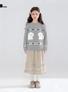 ZCS灰色小狗印花全羊毛毛衣2025秋冬新款儿童慵懒高级感针织上衣