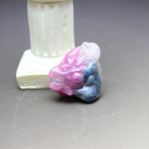 F618老碧玺手工雕刻粉蓝白三色九尾狐如意祥云挂件吊坠磨砂质感