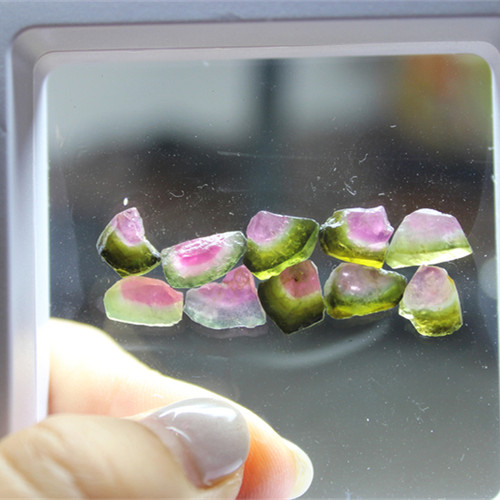 F516碧玺原石西瓜双色粉绿宝石10颗裸石块状精品一组镶嵌设计