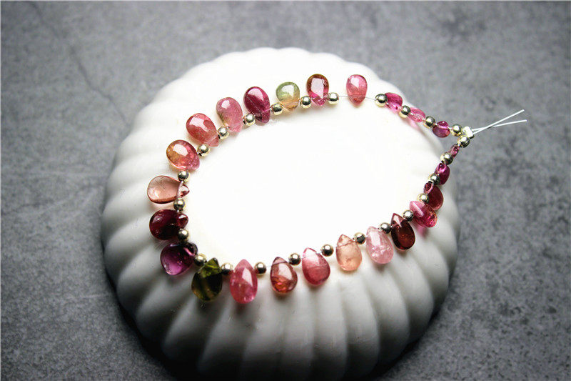 TT7碧玺天然DIY散珠裸石水滴梨形粉红双色西瓜碧光滑爱丽丝珠宝店