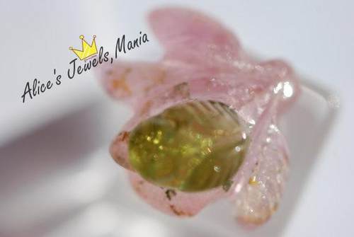 N23碧玺巴西粉绿手工雕刻雕件吊坠戒指镶嵌叶子花朵可爱通透现货