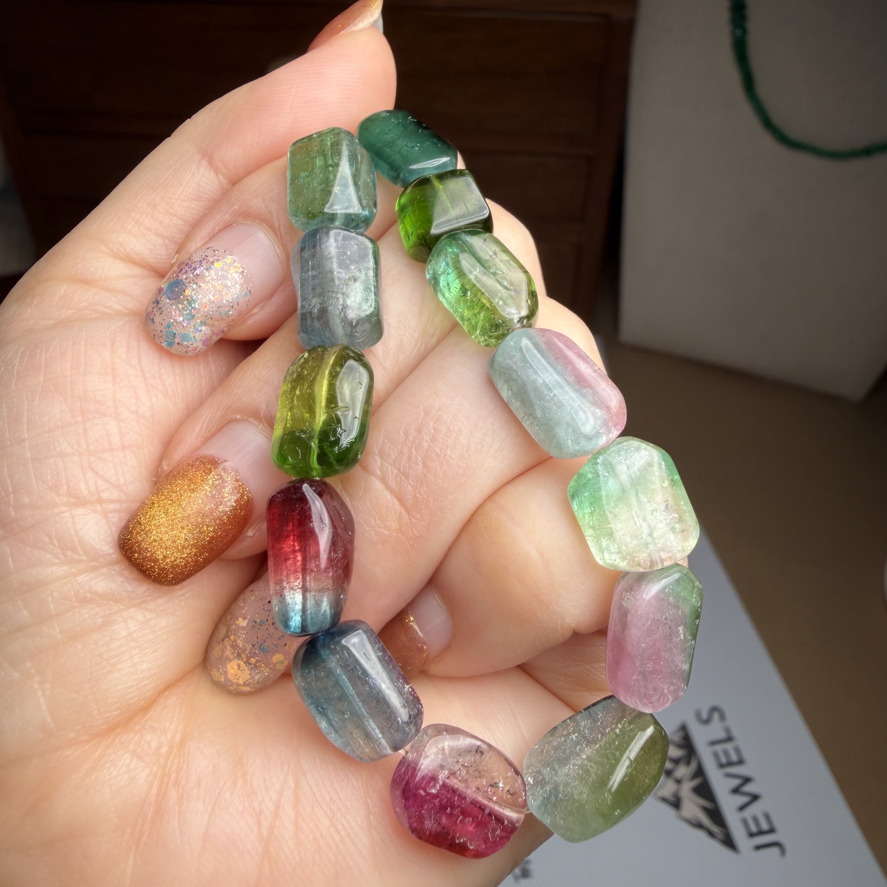 J513碧玺 手串 随形 椭圆 珠串 手链 精品 天然 宝石 蓝绿 糖果