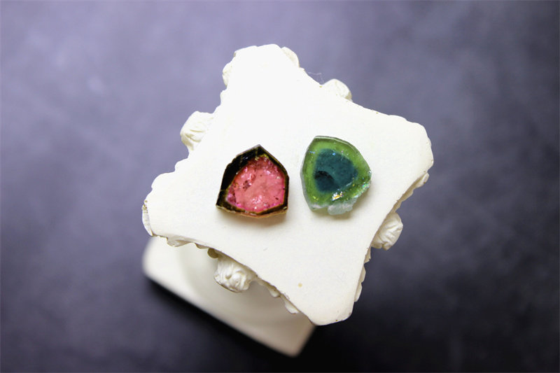 M13碧玺戒面随形无孔设计DIY宝石一对包心西瓜蓝绿双色粉绿天然