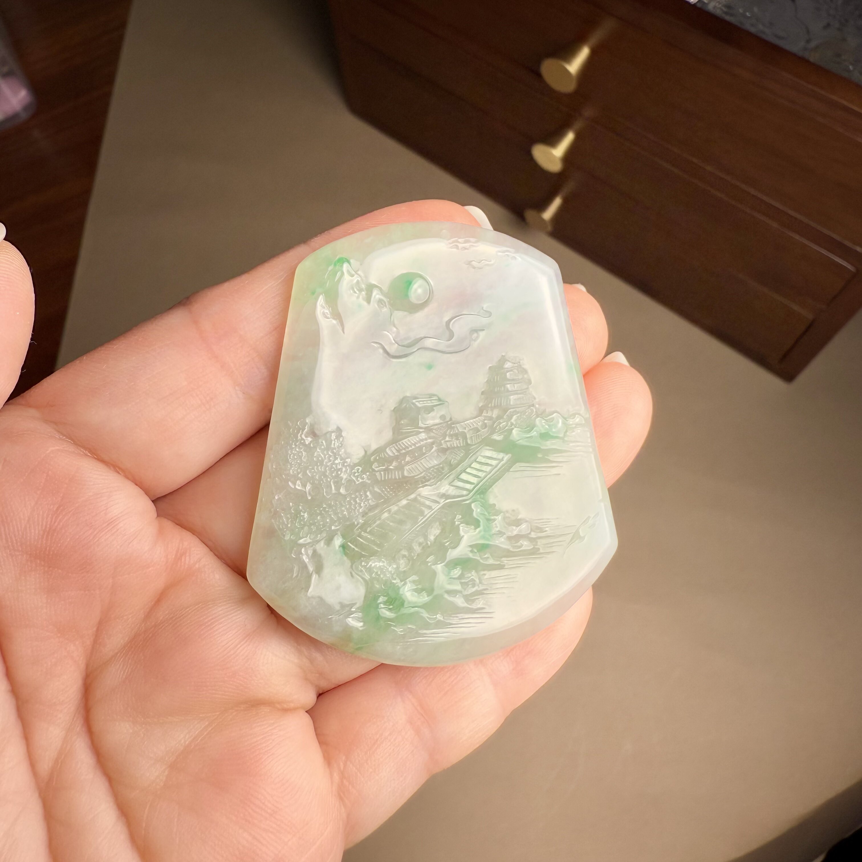 G621翡翠冰种山水牌吊坠挂坠精品收藏礼物天然双面挂件玉高端证书