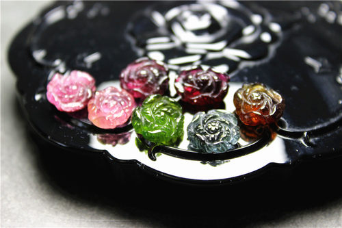 B12雕件碧玺蓝碧玺绿碧玺卢比来粉红西瓜7颗宝石天然无孔戒面花朵