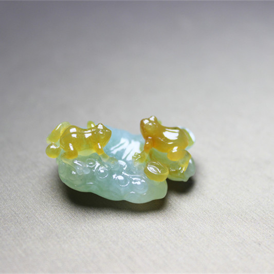 F13翡翠挂件吊坠把件黄翡冰种挂坠男女双娃招财金蟾大师工证书玉