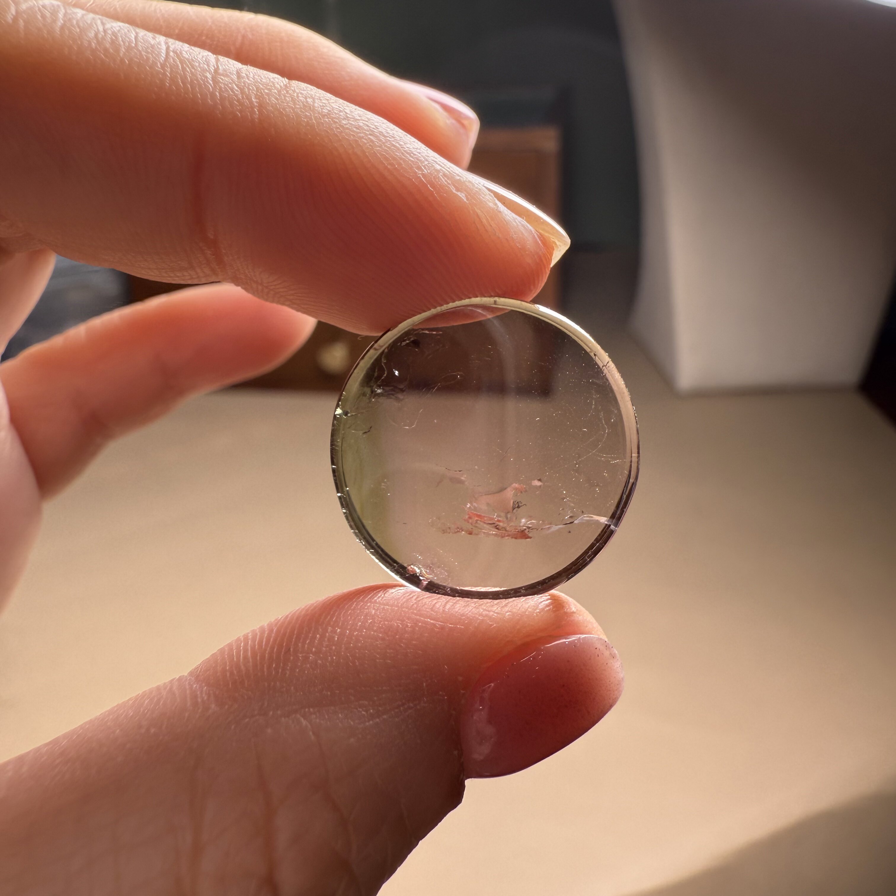 H315碧玺戒面圆型圆牌双色粉绿无孔宝石镶嵌天然钱币净体设计定制