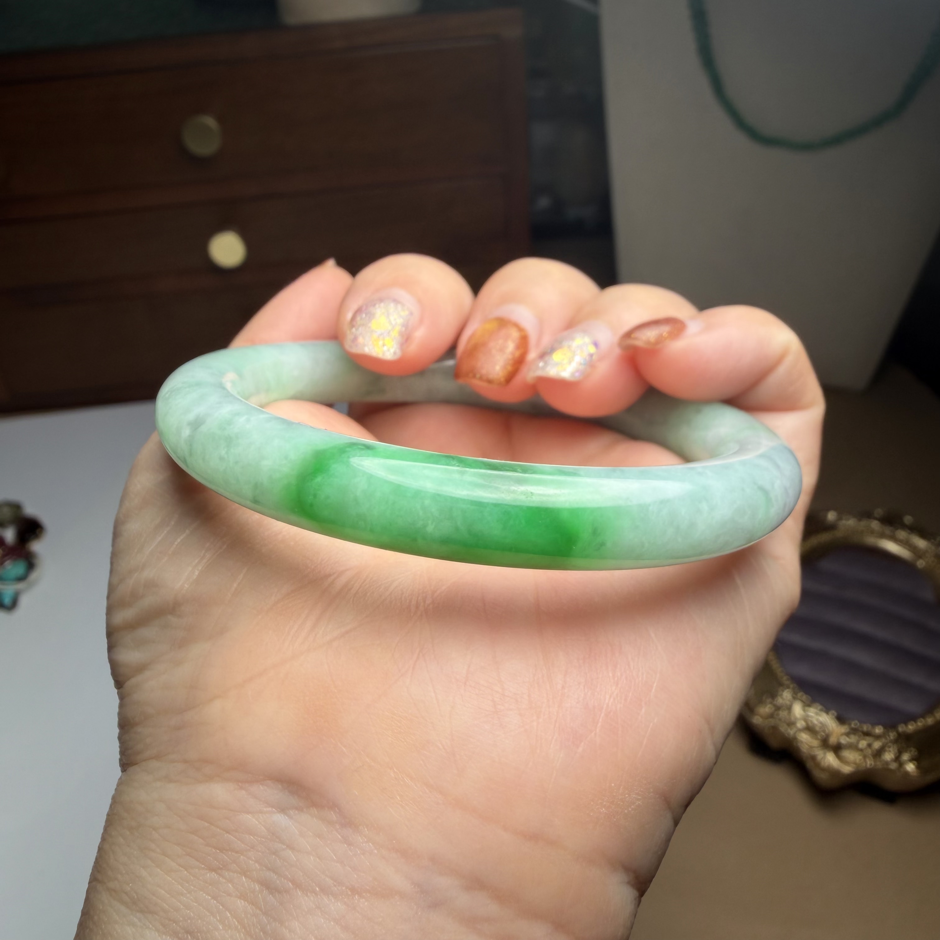 J316翡翠手镯圈口55镯子阳绿缅料A货冰糯美女圆镯福镯美玉证书